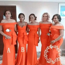 Dresses Off Shoulder Orange Bridesmaid Chiffon Sweep Train Peplum Spaghetti Straps Mermaid Custom Made Maid Of Honor Gown Beach Wedding Vestidos