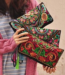 DHL50pcs Coin Purses National Style Embroidery Retro Cotton Phone Long Wallet For Women Mix Colour