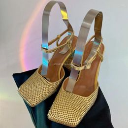 Sandals 2024 Chunky High Heels Summer Women Banquet Silk Cloth Heel Shoes Girls Party Wedding Pumps Designer Gold