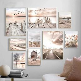 apers Sea Landscape CanvasPainting Print Beach Poster Wooden Bridge Hay Flower Wall Art Nordic Wall Pictures For Living Room Decor J240505