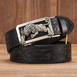 Belts Fashion Tiger Buckle with Tang Grass Pattern Leather Belt for Men Work of Art Belt Automatic Buckle Business Belt T240429