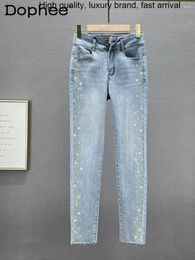 Women's Jeans Heavy Rhinestone For Women 2024 Spring Summer Cotton Stretch High Waist Slim Fit Tappered Pencil Denim Pants Street