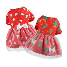 Dog Apparel Cat Christmas Dress Xmas Printed Red Skirt For Kitten Fancy Princess Puppy Clothing Pet Costume H240506