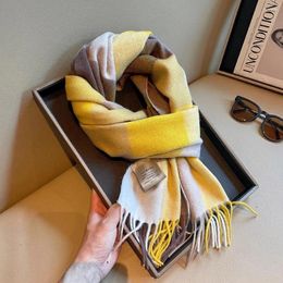 Scarves Pure Wool Scarf Female Winter Classic Yellow Plaid Tassel Warm Rectangle 180 33 Shawl