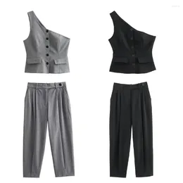 Women's Two Piece Pants 2024ZAR Spring/Summer Selling Casual Set Asymmetric Tank Top With Pleated Design And Leg Closing