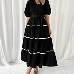 Party Dresses Spring Striped Print Lace-up Long Dress Women Turn-down Collar Button Shirts Summer Puff Short Sleeve Pleated Maxi