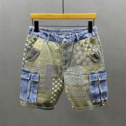 Men's Jeans Kpop mens hip-hop irregular print summer ultra-thin casual pants patch work print luxury jeans shortsL2405