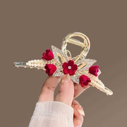 Other Fashion Red Flocked Flowers Rhinestone Butterfly Hairpin Ponytail Hair Cl Alloys Grab Clip Woman Hair Accessories Gifts