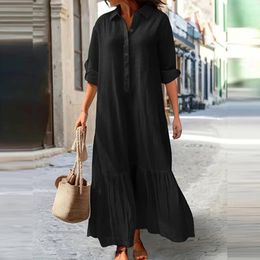 Casual Dresses Women's Shirt Long Dress Summer Turndown Collar Full Sleeve Solid Colour Maxi Ladies Fashion Button Loose