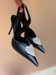 Bridal Wedding Sandals Shoes -- Magda Butrym Heart-embellished Slingback Women High Heels Satin Leather Pointed Toe Lady Pumps EU35-42