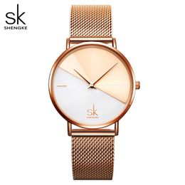 Shengke Fashion Women Dual Color Faux Leather Strap Round Dial Analog Quartz Wrist Watch Simple Quartz Watch Dating Gift Watch 216s