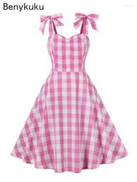 Casual Dresses Sweet Bow Tie Strap Backless Vintage Dress Women Pink White Gingham Summer 2024 Sweetheart Neck Cotton Party