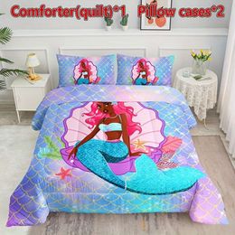 Duvet Cover 3pcs Modern Fashion Polyester Set (1*Comforter + 2*Pillowcase, Without Core), Black Girl Cartoon Mermaid Print Bedding Set, Soft Comfortable And Skin-friendly