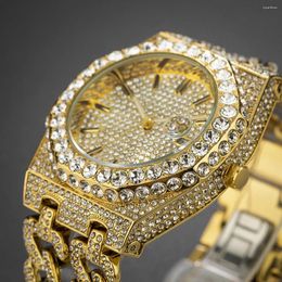 Wristwatches Drop Iced Out Diamond Watch For Men Hip Hop Mens Watches Cuban Chain Band Fashion Wristwatch Man Gold Reloj Hombre