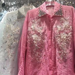 Women's Blouses Oversized Mid-length Shirts Exquisite Sparking Sequined Beaded Diamonds Women 2024 Spring Summer Long Sleeve Tops Blusas
