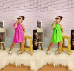 Summer girls cotton dress casual children slope shoulders and puffy sleeves dresses one piece skirt