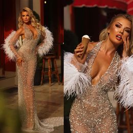 Whole Halter Dresses Beads Charming Wedding Mermaid Sleeves Feathers Backless Tulle Sweep Train Custom Made Plus Size Bridal Gown Vestidos De Novia 0510