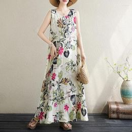 Casual Dresses Thin Light Soft Print Floral Sleeveless Loose Summer Tank Dress Fashion Women Holiday Style Travel Beach Long