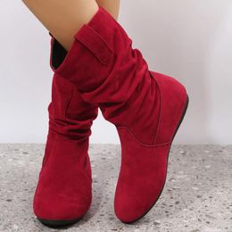 Boots Suede Flat Bottom Ladies Shoes Pleated Fashion Solid Colour Round Toe Woman Party Sleeve Mid Calf Botas Mujer