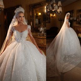 O-hals paljetter bröllopsklänningar bollklänning romantisk tyll 3D-applikationer backless sveptåg snörning skräddarsydd brud plus size vestidos de novia