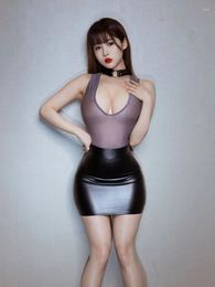 Casual Dresses Sexy Sheer See Through Oil Glossy Shiny Micro MINI Dress PU Patchwork Tight Uniform Maid Wrap Hip Sweet Cute Wear