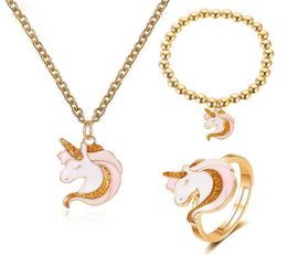 2020 New Childrens cartoon Decoration Cute Unicorn Gift Necklace Elastic Bracelet Ring Set Womens Jewellery Whole9180627