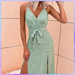 Casual Dresses Elegant Long For Women Deep V-Neck Backless Lace Up Party Dress Summer Sexy Strap Printed Beach Sundress Vestidos 2024