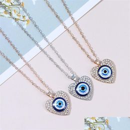 Pendant Necklaces Evil Blue Eye Choker Jewellery Rhinestone Heart Round Design Clavicle Chain Necklace Sier Rose Gold Fashion Charms L Dhjxq