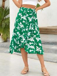 Skirts Green Floral Printed Sexy Skirt Women Summer Irregular High Waist Elegant Party Fashion Beach Casual
