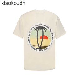 Rhude High end designer clothes for Fashion trendy high-street Sunset Coconut Tree Letter Printing Short Sleeve Tshirt for unisex Loose Half Sleeve With 1:1 original