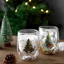 Tumblers KEMORELA 1PCS New Double Wall Christmas Glass Mug Heat Resistant Beautyful Cup For Coffee Water Bar Drinkware Gift H240506