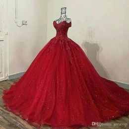 Off Dresses Dark Quinceanera Red The Shoulder Straps Tulle Lace Applique Sparkly Sequins Custom Made Sweet 16 Formal Pageant Ball Gown Princess Wear