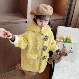 Jackets Girls Three-dimensional Flower Medium Length Woolen Sweater 2024 Winter Korean Style Coat Childrens Clothing