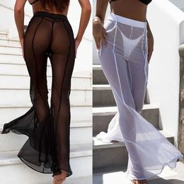 Women's Pants Capris Women Mesh Long Pant Slim Leggings Trousers Shr Party Cocktail Bell Bottomed Lace Transparent Swimsuit Beachwear Cover Ups Y240504