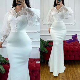 2021 White Evening Dresses Designer Mermaid Satin Long Poet Sleeves Custom Made Plus Size Formal Ocn Wear Arabic Lace Prom Party Ball Gown Vestidos