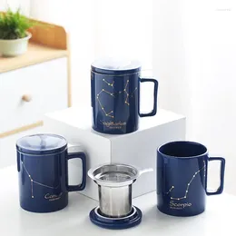 Mugs Creative Ceramic Mug With Lid Spoon Drinking Cup Personality 12 Constellations Blue Men And Women's Home Coffee