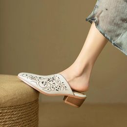 Sandals 2024 Summer Women's Natural Leather 22-24.5cm Hollowed Out Cowhide Sheepskin Full Pointed Toe Mules Women Shoes