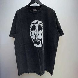 Men's T-Shirts New Saint Michael T-shirt Character Skull Pattern PrintWash Black Men Woman Good Quality Loose Casual Top Tees J240506