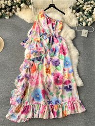 Casual Dresses SINGREINY Ruffles Floral Print Vacation Dress Women Off Shoulder Long Sleeve High Qaulity Lady Beach Maxi
