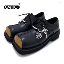 Casual Shoes Mens Streetwear Fashion Large Square Toe Pendant Punk Gothic Derby Male Vintage Genuine Real Leather Cowhide