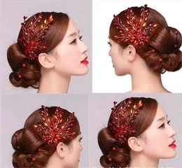 Headbands Da Ye Bride Head Jewellery Piece Flower Red Rhinestone Hair Vine Chinese Bride Head Dress Q240506