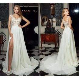 Chiffon Beach Jewel Split Sexy High Sheer Neck Illusion Back Country Wedding Gowns See Through A Line Bridal Dresses