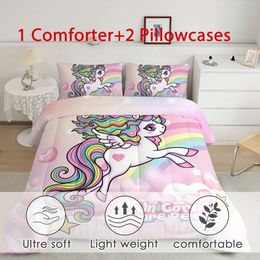 Duvet Cover Kawaii Girls, Unicorn 3 Piece Twin,Cartoon Cute Rainbow Bedding Pink Quilt Bed in a Bag Comforter Set for Girls Boys with 2 Pillowcase All-Season