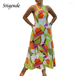 Casual Dresses Stigende Back Zipper Fit And Flare A Line Sundress Women Summer Leaves Print Sleeveless Long Dress