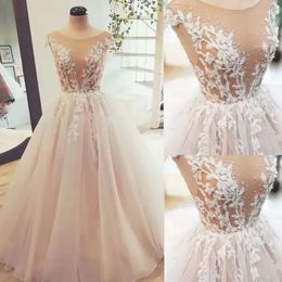 Bridal Blush Dresses Pink Wedding Gown Long Sleeves With 3D Floral Applique Sexy Illusion Bodice Beaded Custom Made Plus Size Sweep Train Tulle A Line Vestido