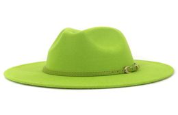 Fashion Lime Green Belt Buckle Decor Artificial Wool Felt Jazz Fedora Hats Women Men Flat Large Brim Panama Cowboy Cap L XL8775838