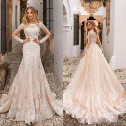 Champagne Long Elegant Sleeves Dresses Lace Applique Sweep Train Scalloped Off The Shoulder Wedding Gown Vestido De Novia