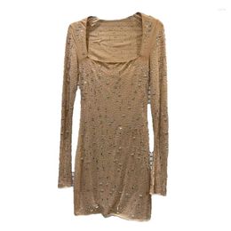 Casual Dresses 2024 Summer Elegant Socialite Heavy Industry Rhinestone Drilling High-Definition Mesh Long Sleeve Dress For Women