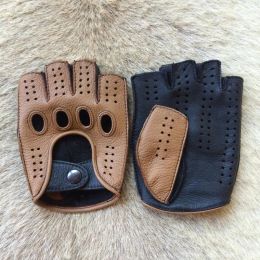 Gloves High Quality 2023 New Half Finger Men Genuine Leather Gloves Goatskin Gloves Fashion Men Breathable Driving Gloves Male Mittens
