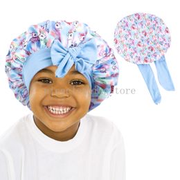 Baby Satin Bonnet With Tie Wide Stretchy Band Printed Child Headwrap Elastic Night Sleep Hat Soft Headcover Chemo Cap